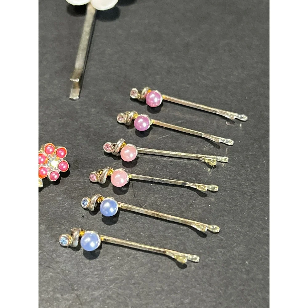 Vintage Style Floral Hair Pin Lot 22  Rhinestone Pearl Flower Bobby Pins Set